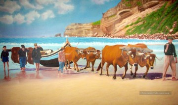 taureaux tirant Bateau sur la plage Peinture à l'huile